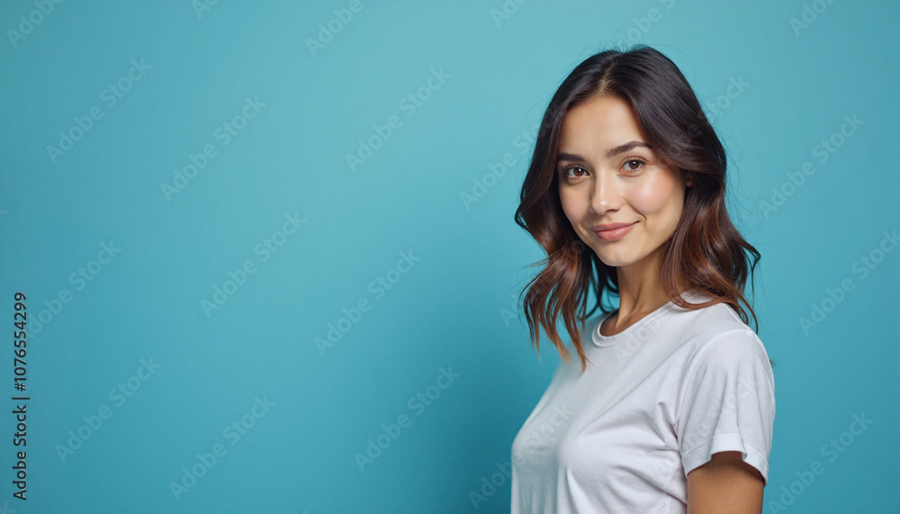Young woman with friendly smile posing confidently against turquoise background with copy space Young woman with friendly smile posing confidently against turquoise background with copy space