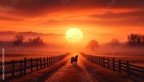 Stunning Sunset Silhouette of a Horse Standing by a Fence in a Serene Field, with a Warm Golden Glow Illuminating the Sky, Creating a Peaceful and Ethereal Atmosphere