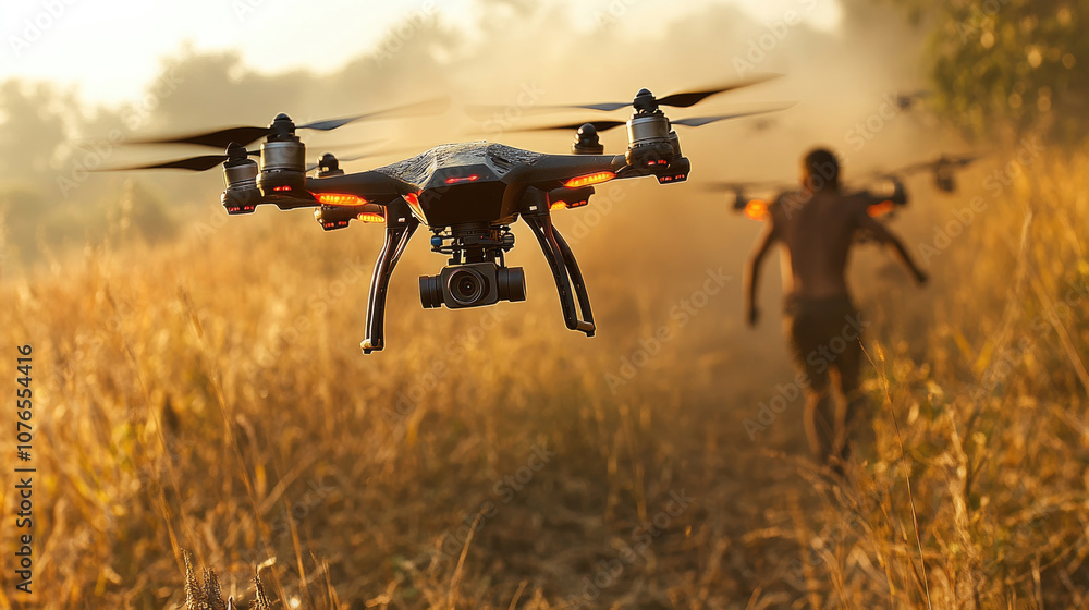 A person controls a drone amidst tall golden grass as the sun sets, highlighting the harmony between modern technology and scenic nature A person controls a drone amidst tall golden grass as the sun sets, highlighting the harmony between modern technology and scenic nature