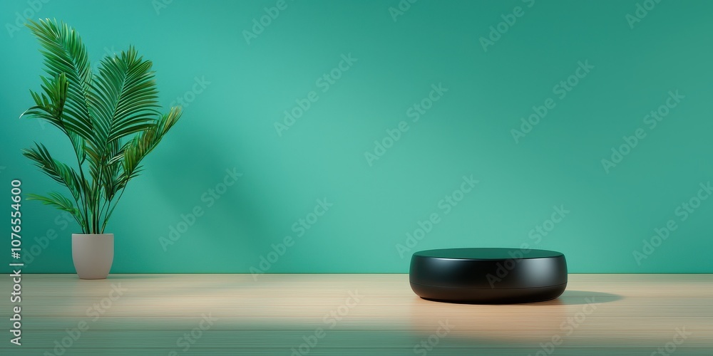 Minimalist interior featuring a green wall, plant, and black object on wooden floor. Minimalist interior featuring a green wall, plant, and black object on wooden floor.