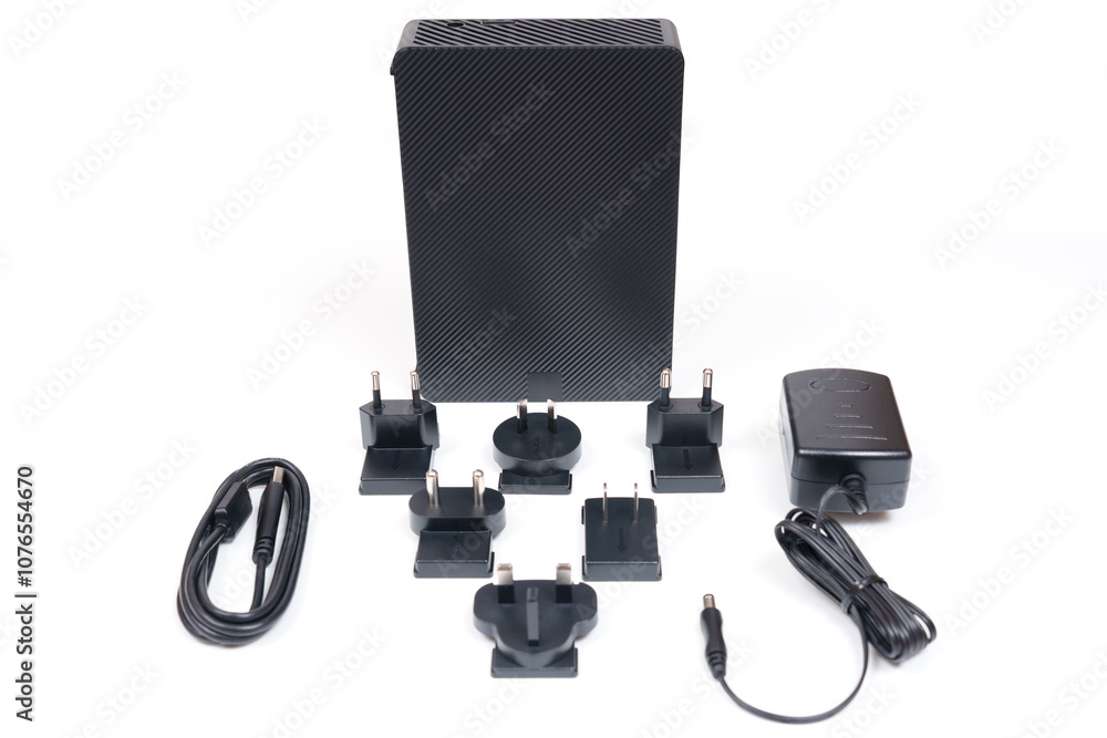 Naklejka premium External HDD with Multiple International Adapter Plugs on White Background