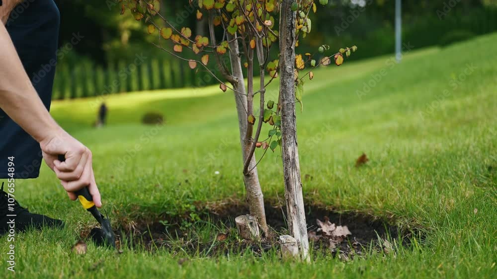 Taking care of the little tree. Professional gardener is on the lawn. Taking care of the little tree. Professional gardener is on the lawn.