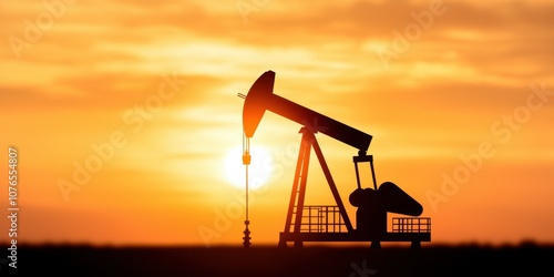 Oil pump jack silhouette against a stunning sunset background. photo