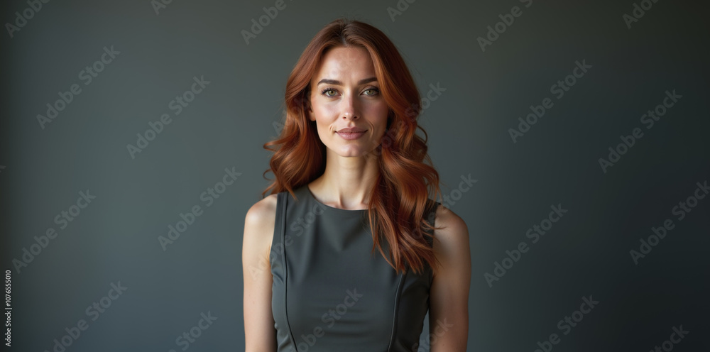 Woman with auburn hair confidently posing against dark green background Woman with auburn hair confidently posing against dark green background