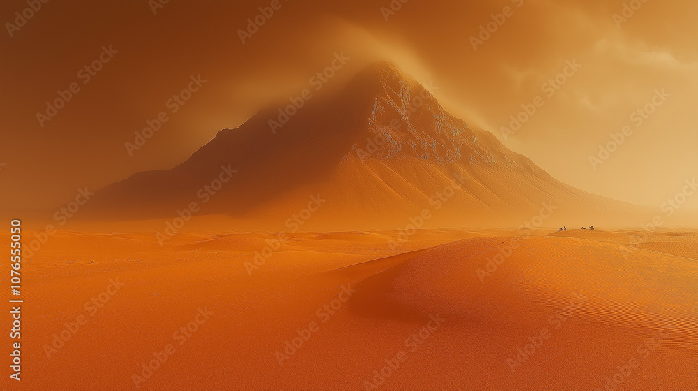Obraz premium Mysterious Sandstorm Enveloping Mountain and Vast Desert Landscape