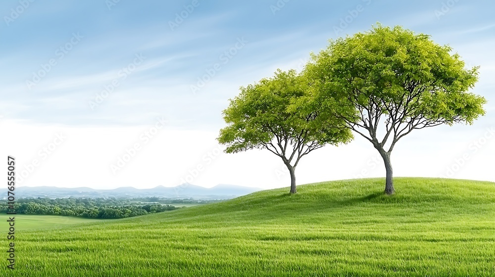 Obraz premium The lush green field is dotted with evenly spaced trees, their branches reaching upwards towards the clear, blue sky