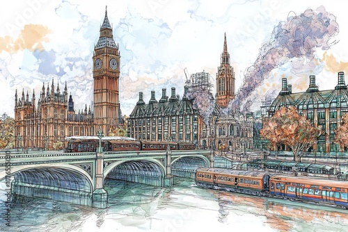A lithograph, a colorful ink drawing of the train station in London with Big Ben and the grand, stunning Victorian buildings.