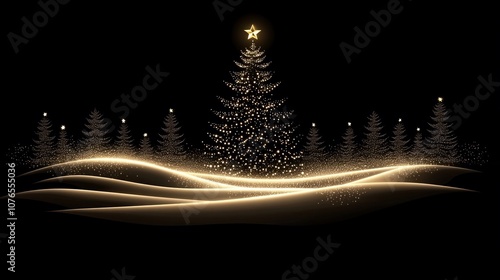 Biglietto di auguri per Felice Anno Nuovo e Natale, colore nero sullo sfondo e albero con stella d'oro, appoggiato su fasce di luce d'oro