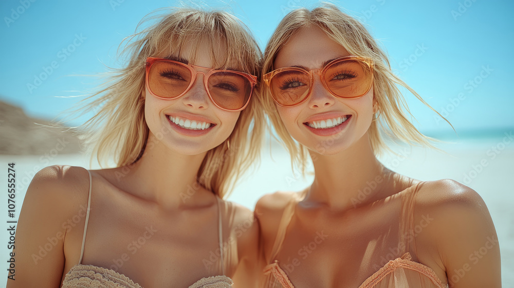 Two cheerful friends smile broadly at the camera under the bright sun, showcasing their stylish sunglasses against a beautiful beach backdrop Two cheerful friends smile broadly at the camera under the bright sun, showcasing their stylish sunglasses against a beautiful beach backdrop