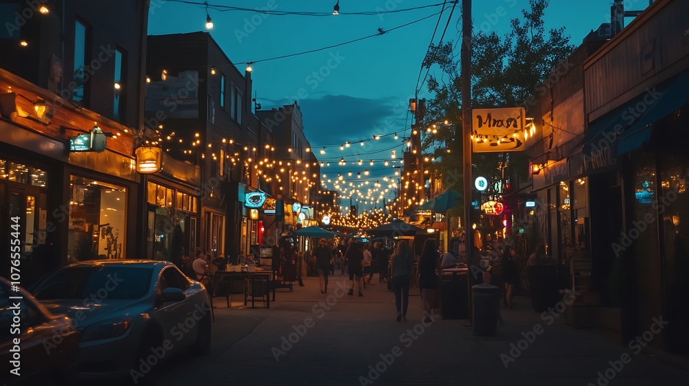 Obraz premium Nighttime View of a City Street with String Lights and People Walking