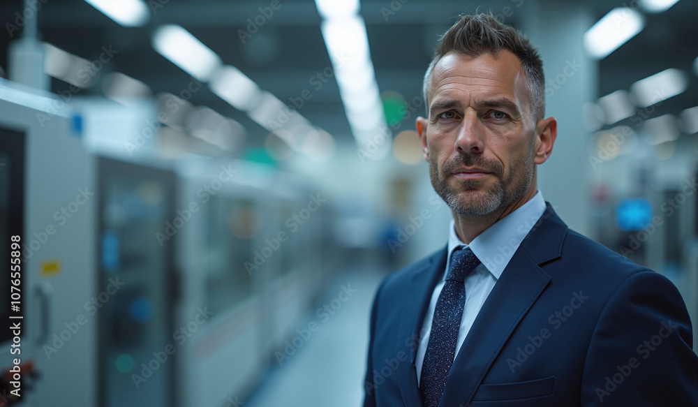 Confident businessman with determined expression standing in modern office corridor Confident businessman with determined expression standing in modern office corridor