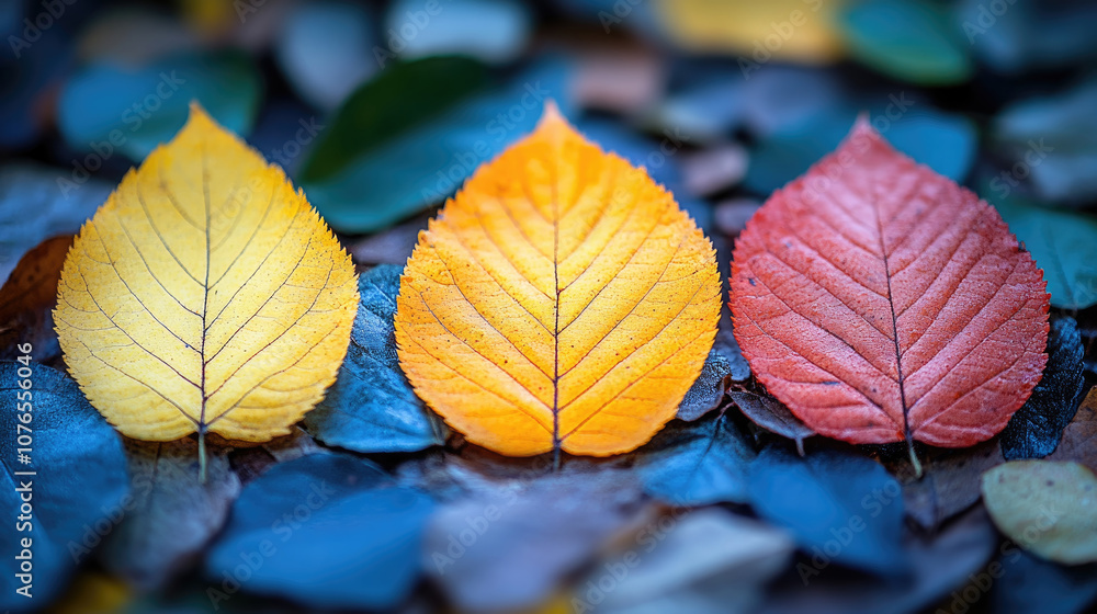 A striking display of yellow, orange, and red leaves rests on a bed of dark green foliage, highlighting the beauty of autumn in nature A striking display of yellow, orange, and red leaves rests on a bed of dark green foliage, highlighting the beauty of autumn in nature