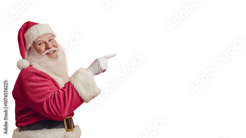 Isolated santa claus is pointing and smiling. Santa is holting a sign. Advertisement. Transparent. Template.  photo