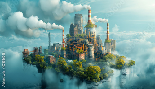 A surreal industrial island floats amidst the clouds, blending nature and technology.