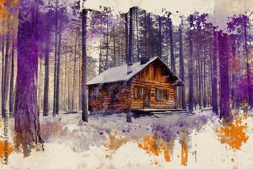 A cabin in the woods, a forest with purple and orange tones, paint splashes, a mixed media collage style photo