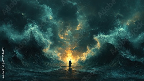 A lone figure stands before tumultuous waves and dark clouds.