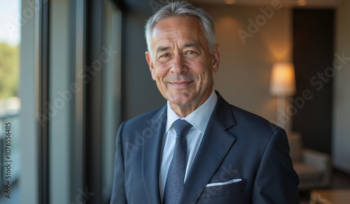 Senior businessman with confident smile standing in office against blurred background