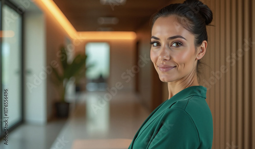 Confident professional woman smiling warmly in modern office environment