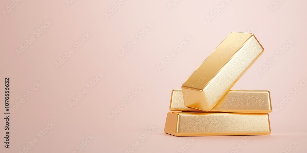 Three shiny gold bars stacked elegantly on a soft pink background. Three shiny gold bars stacked elegantly on a soft pink background.
