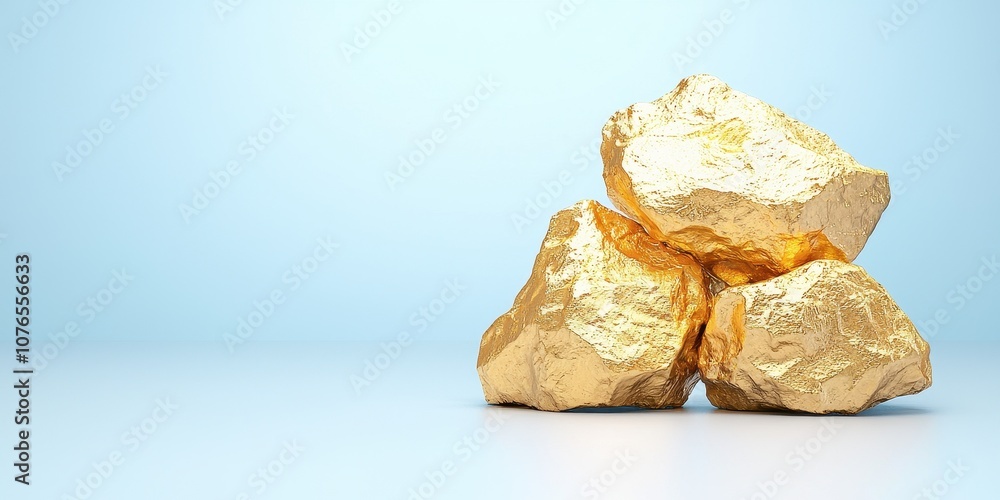 Three shiny gold nuggets stacked together on a soft blue background, symbolizing wealth. Three shiny gold nuggets stacked together on a soft blue background, symbolizing wealth.