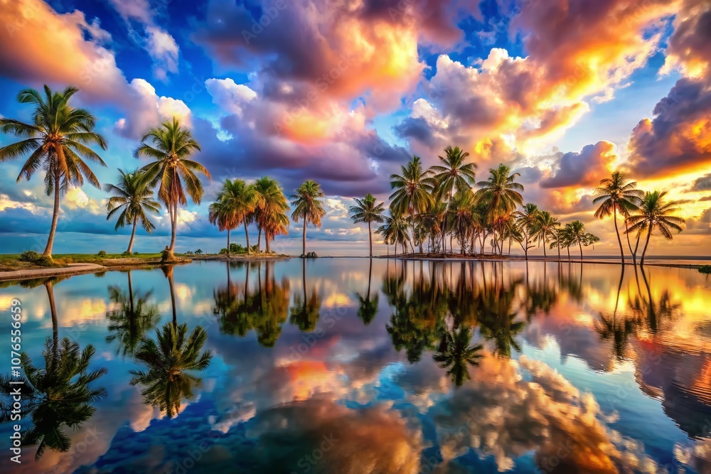 Surreal Scene of Broad Daylight Palms Bay with Vibrant Colors and Dreamlike Elements, Creating an Enchanting Atmosphere of Nature and Fantasy Surreal Scene of Broad Daylight Palms Bay with Vibrant Colors and Dreamlike Elements, Creating an Enchanting Atmosphere of Nature and Fantasy