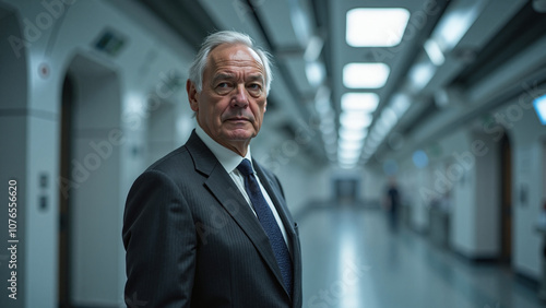 Senior businessman with serious expression standing in hospital corridor