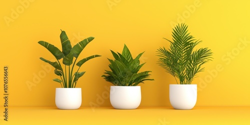 Three indoor plants in white pots against a vibrant yellow background.