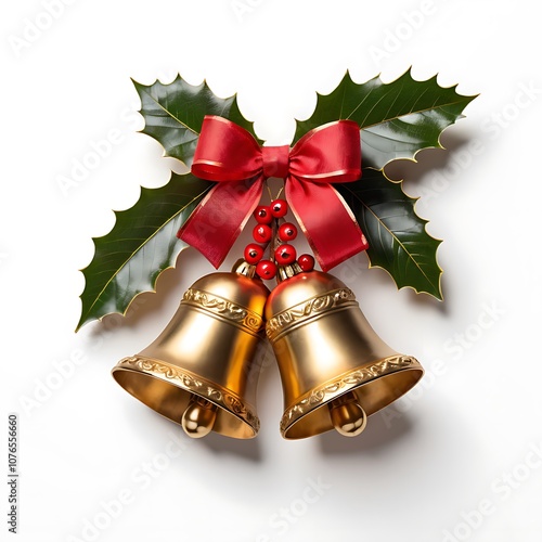 Two golden bells adorned red berries, and red bows, symbolizing traditional Christmas  on white background