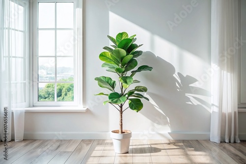 Surreal Scene of Ficus Lyrata by the Window in a Bright White Interior with Ample Copy Space for Design and Creativity photo