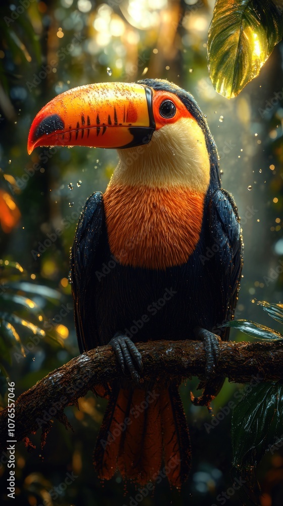 Obraz premium A toucan with a large orange beak perched on a branch in a rainforest with sunlight filtering through the leaves.