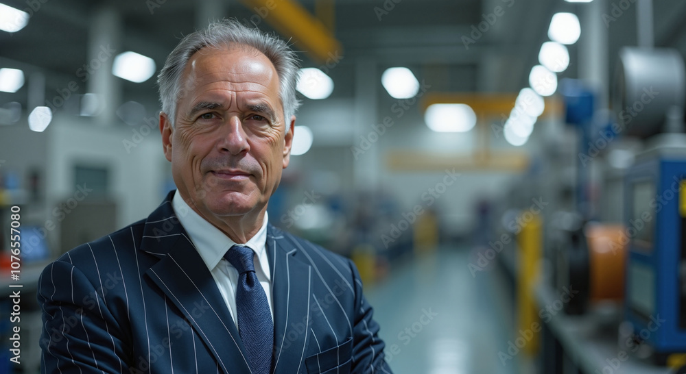 Confident senior businessman with determined expression in industrial setting Confident senior businessman with determined expression in industrial setting