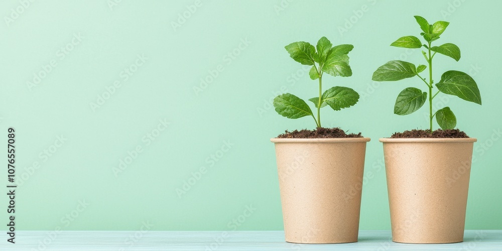 Two small green plants growing in beige pots against a light green background. Two small green plants growing in beige pots against a light green background.