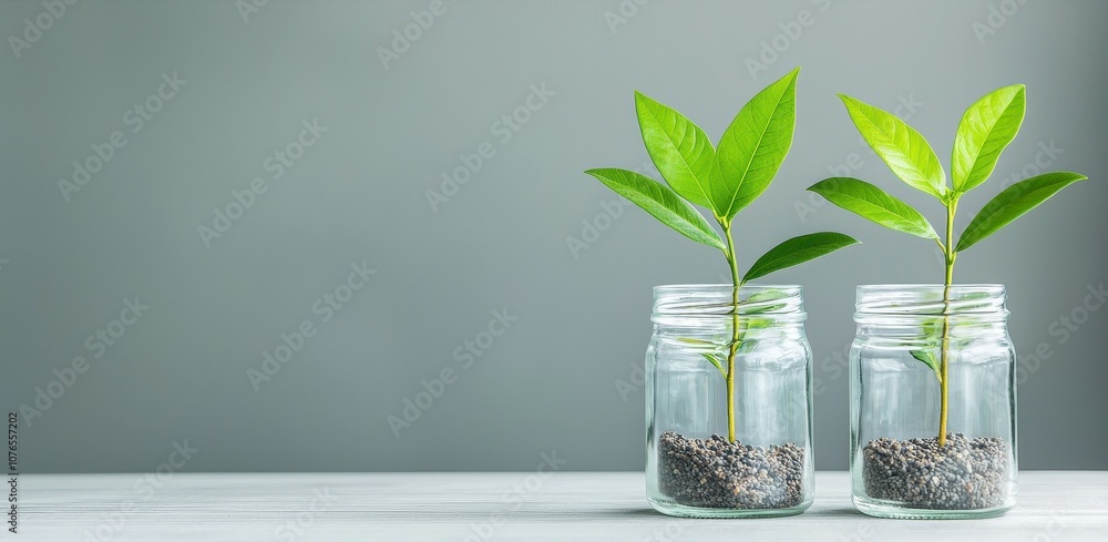 Two young green plants in jars, symbolizing growth and nature's beauty indoors. Two young green plants in jars, symbolizing growth and nature's beauty indoors.