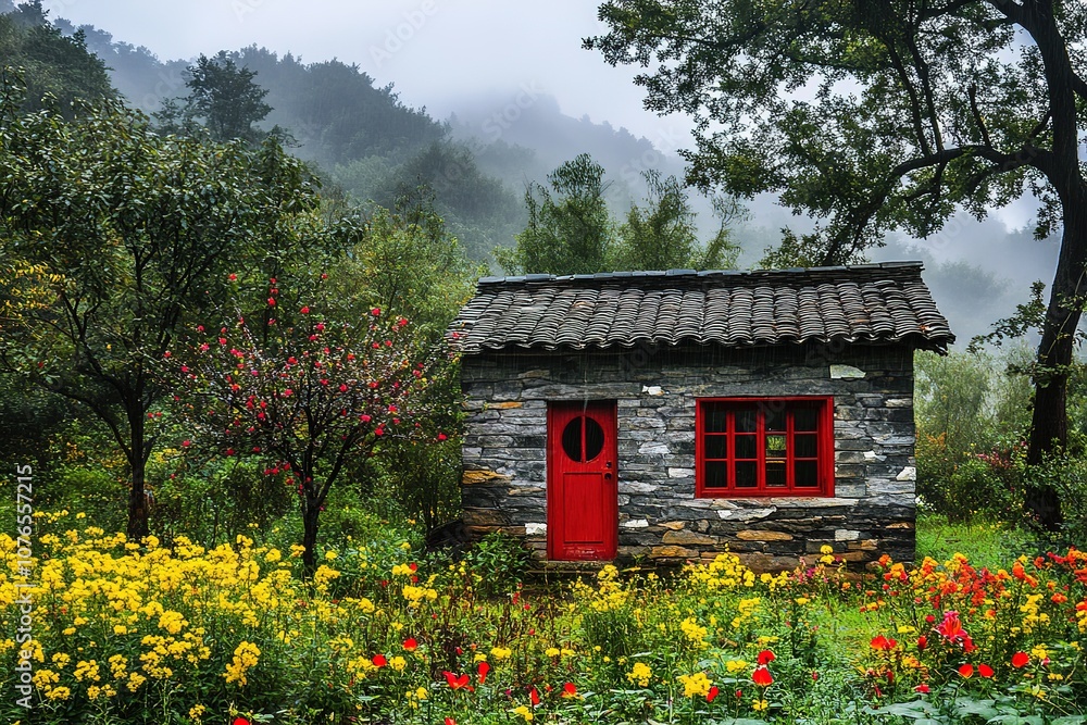 A small stone house with red doors and a wooden roof, surrounded by flowers in the mountains A small stone house with red doors and a wooden roof, surrounded by flowers in the mountains