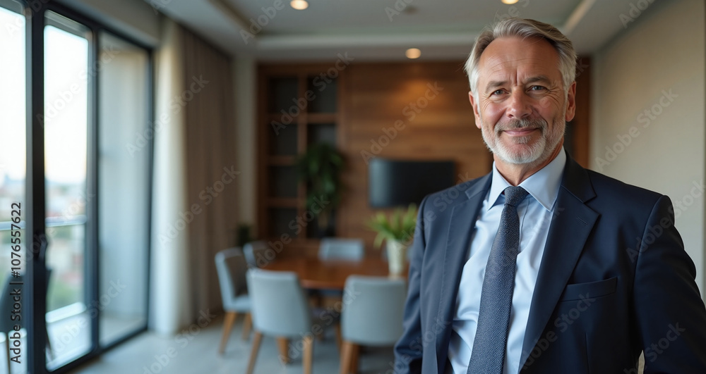 Fototapeta premium Confident senior businessman smiling in modern office boardroom with city view