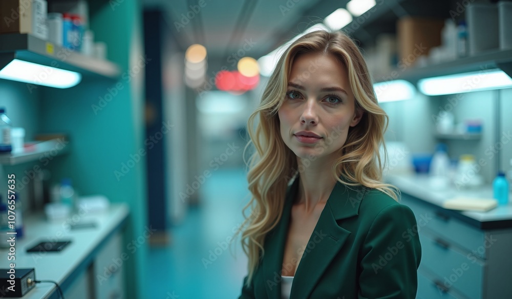 Confident Professional Woman in Laboratory Setting Against Turquoise Background Confident Professional Woman in Laboratory Setting Against Turquoise Background
