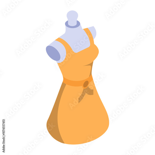 Manneken wearing frock with belt isometric flat design, Handcrafted symbol, Perfect fit clothing sign,Sew and Tailor materials stock illustration, female dressed mannequin concept photo