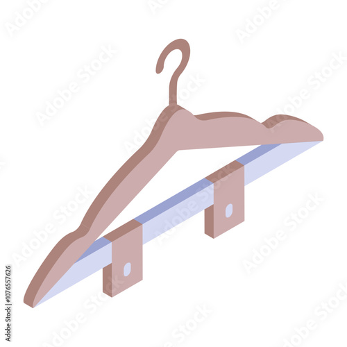 coathanger with clamps isometric flat design, Handcrafted symbol, Perfect fit clothing sign,Sew and Tailor materials stock illustration, Wooden Coat Hanger with Clips concept