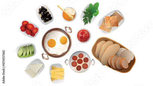 Turkish breakfast top view. fried egg in copper pan, Turkish fried sausage (sucuk) in a pan,breads, borek, strawberry jam, honey and clotted cream(kaymak) olives, cheese, vegetables. 