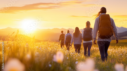 Hikers walk together as the sun sets, illuminating the landscape and creating a warm, golden atmosphere