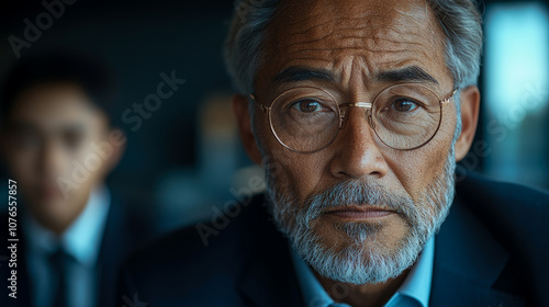 A mature professional with glasses exhibits a serious expression while participating in a corporate meeting with colleagues nearby