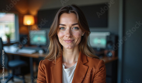 Confident professional woman smiling warmly in home office