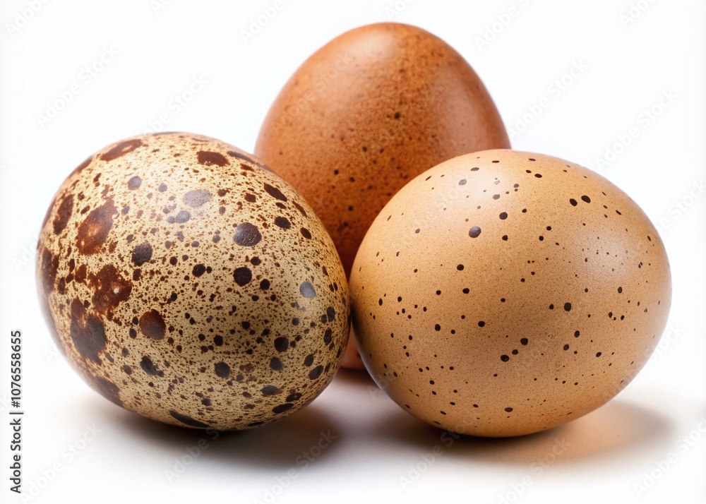 Three Variations of Speckled Brown Eggs Isolated on a White Background for Culinary and Natural Food Photography Uses Three Variations of Speckled Brown Eggs Isolated on a White Background for Culinary and Natural Food Photography Uses