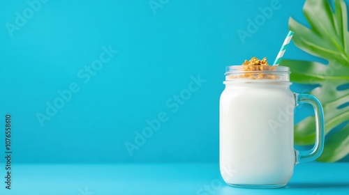 Refreshing creamy milk in a mason jar with crunchy granola topping and a striped straw, set against a vibrant blue background with green tropical leaves for a summer vibe.