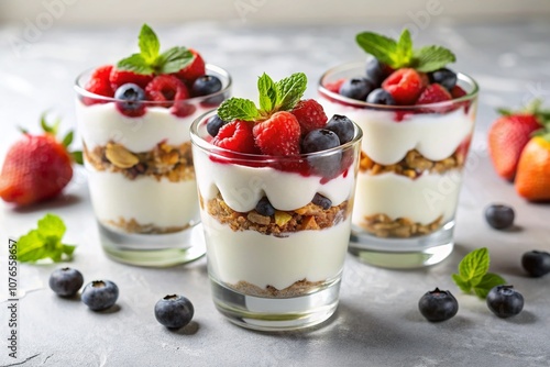 Wallpaper Mural Three Glasses of Yogurt with Granola and Fresh Berries on a White Background for Healthy Breakfast and Snack Ideas Torontodigital.ca