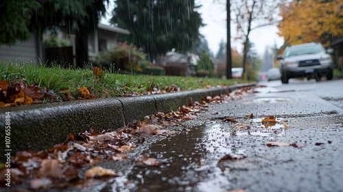 Rainwater pooling on a curb during a light rain