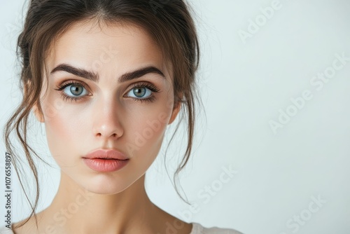 A woman's face with blue eyes stares at the camera.