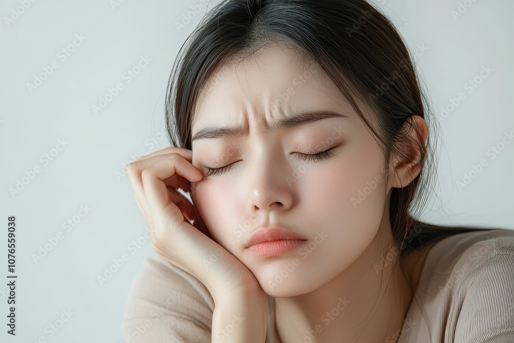 Young woman with closed eyes, resting her head on hand. Young woman with closed eyes, resting her head on hand.