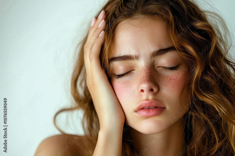 Woman with freckles, closed eyes, and long hair. Woman with freckles, closed eyes, and long hair.