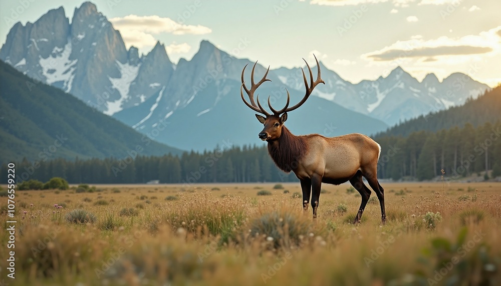 Majestic Elk with Impressive Antlers Standing Proudly Against Mountain Landscape Majestic Elk with Impressive Antlers Standing Proudly Against Mountain Landscape